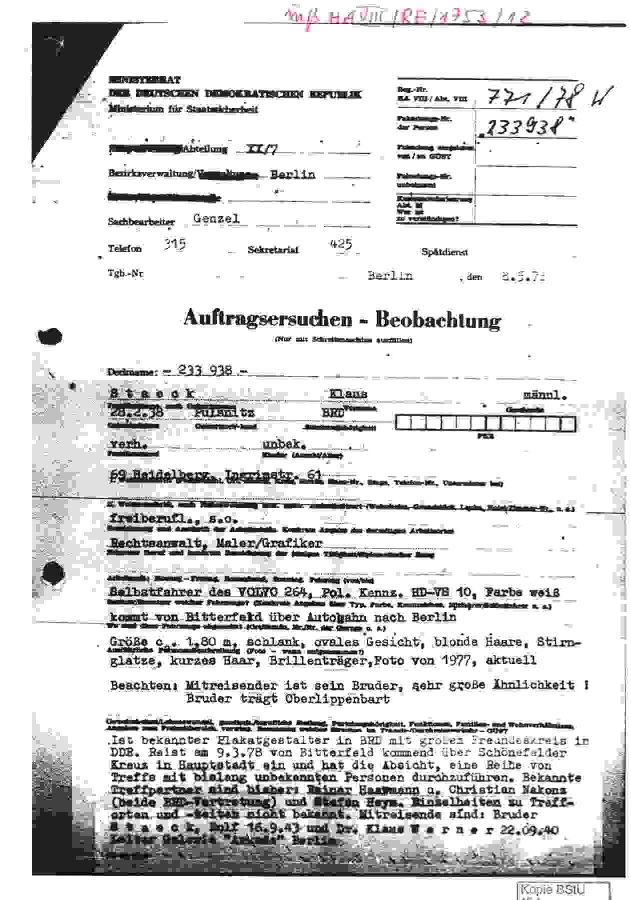 Stasi-Bericht über die Einreise von Klaus Staeck in die DDR am 8. Mai 1978