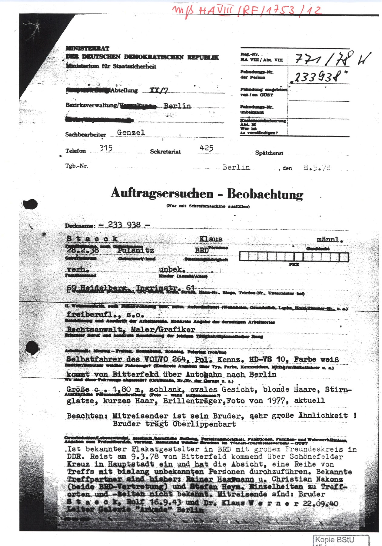 Stasi-Bericht über die Einreise von Klaus Staeck in die DDR am 8. Mai 1978