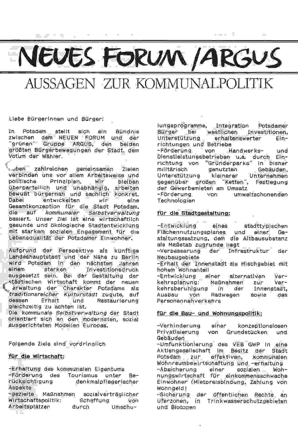 Neues Forum: Wahlprogramm für die Kommunalwahlen 1990 am 6. Mai 1990
