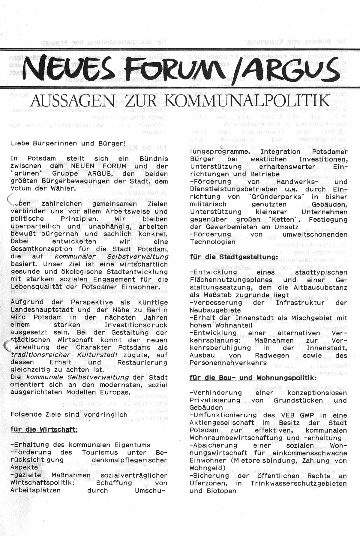 Neues Forum: Wahlprogramm für die Kommunalwahlen 1990 am 6. Mai 1990