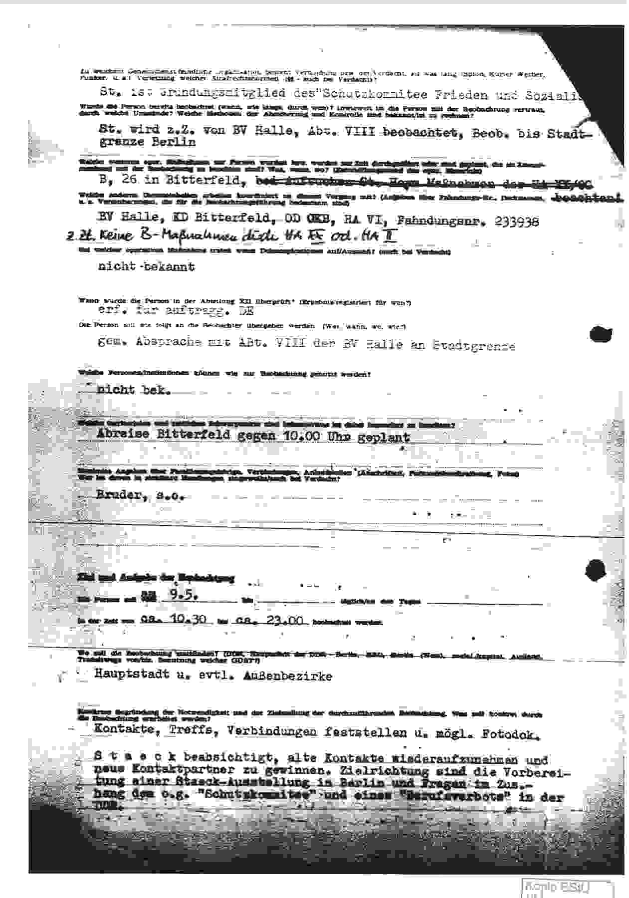 Stasi-Bericht über die Einreise von Klaus Staeck in die DDR am 8. Mai 1978