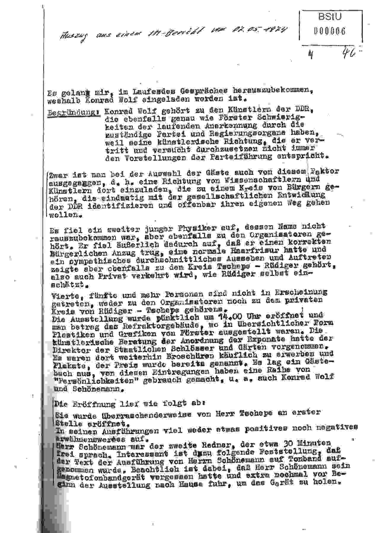 IM-Bericht über die Ausstellungseröffnung »Wieland Förster«, 7. Mai 1974