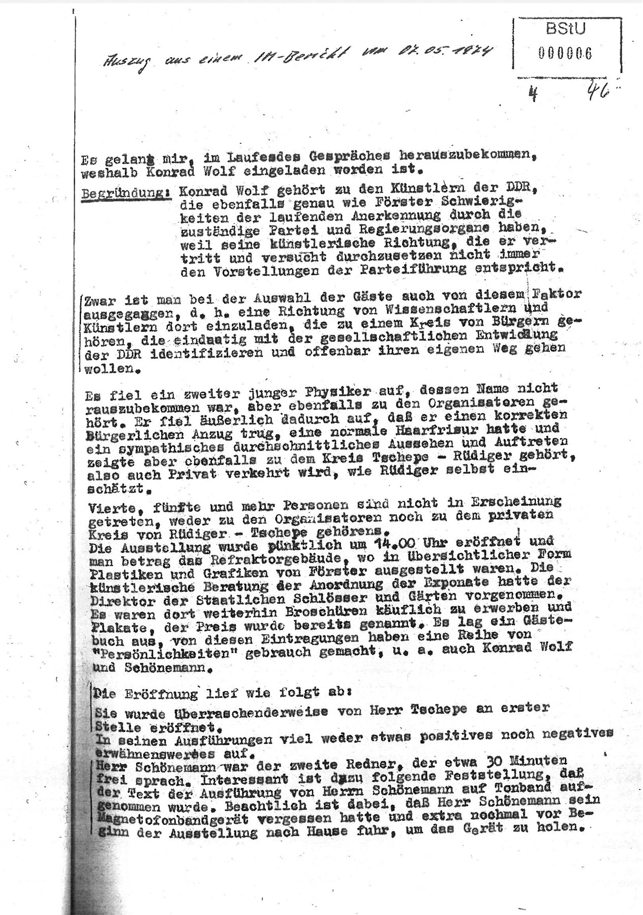 IM-Bericht über die Ausstellungseröffnung »Wieland Förster«, 7. Mai 1974